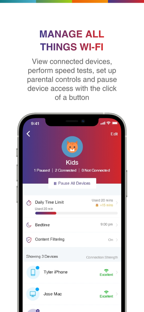 Go Kinetic - Go Kinetic app interface showing Wi-Fi management and parental control settings for connected devices