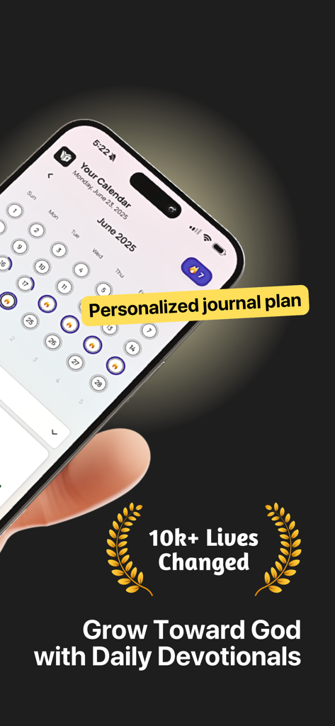 My Daily Prayer Journal - A smartphone screen showing a personalized prayer journal calendar and daily devotional tracker