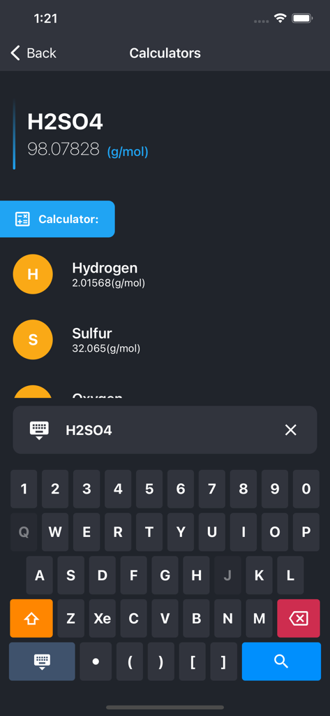Calcolatrice di massa molare per H2SO4 nell'app Tabella Periodica 2025 PRO.