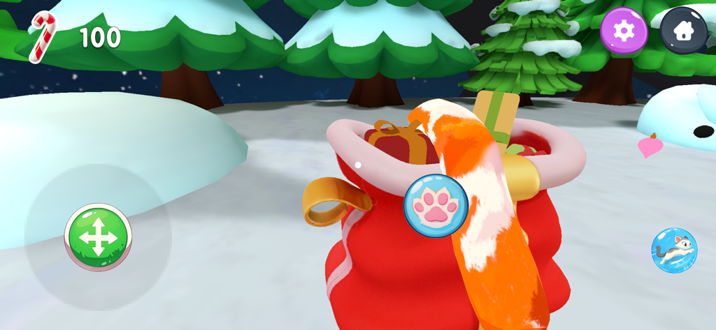 Vista en primera persona de un gato naranja junto a un gran saco de regalos rojo en un bosque invernal nevado