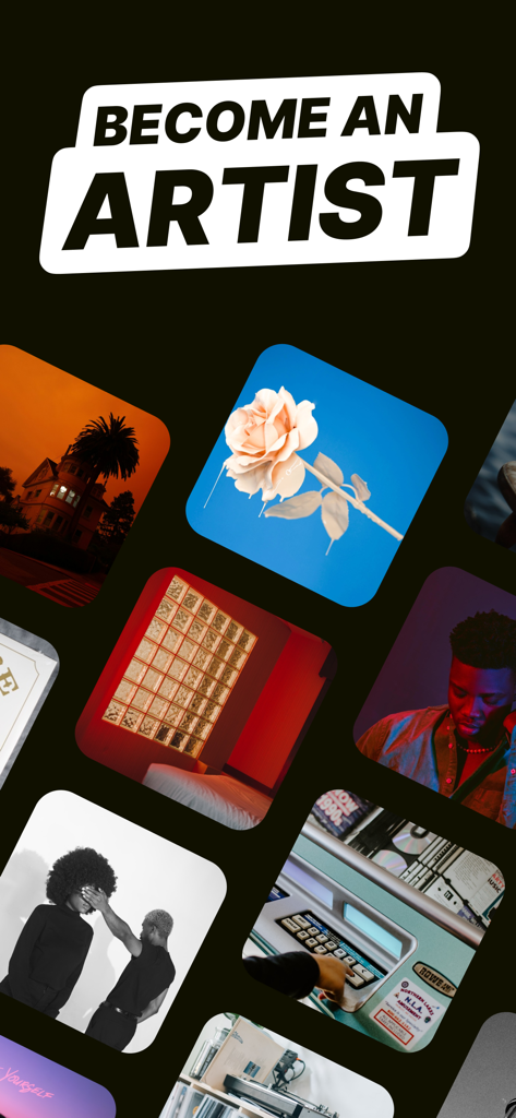 Lyric Studio - Rap Rhyme Maker - Pantalla promocional de la aplicación Lyric Studio con el texto Conviértete en Artista y un collage de portadas de álbumes artísticos