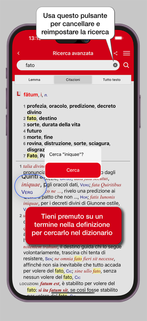 Erweiterte Suche und interaktive Wortsuchoberfläche in der Hoepli Latin Dictionary App.