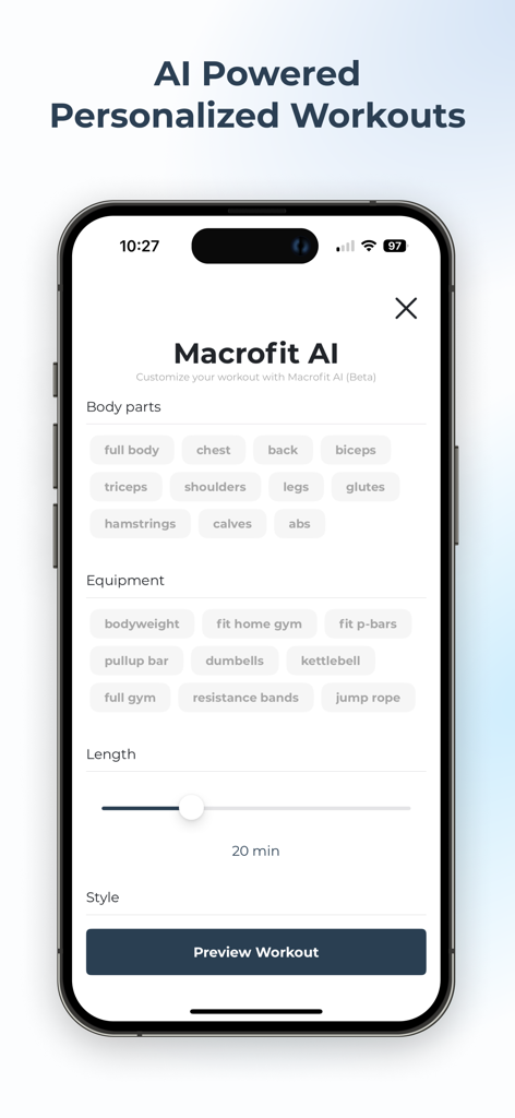 Macrofit KI Benutzeroberfläche mit personalisierten Trainingsanpassungsoptionen für Elite-Fitness-Training