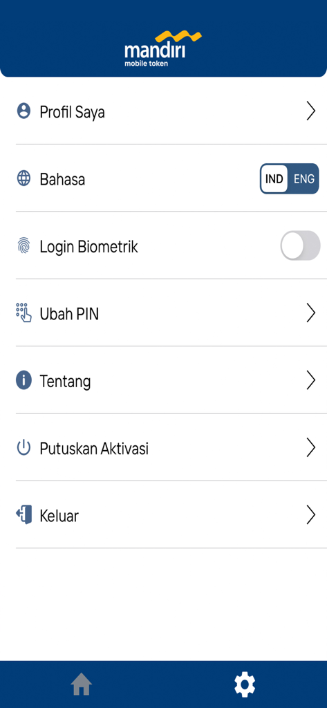 Settings menu of the Mandiri Mobile Token app showing security and profile options