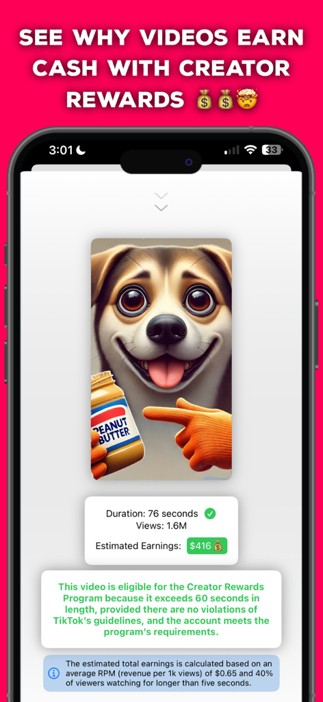 Interface of TikEarnings app showing estimated earnings of four hundred sixteen dollars for a viral video based on creator rewards program criteria