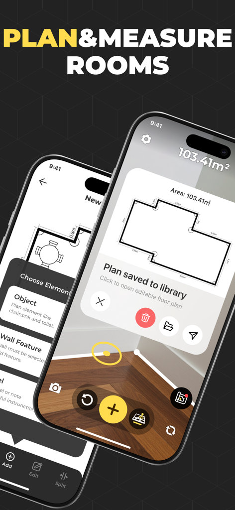 iPhone screen showing an AR measurement app creating a 2D floor plan with room area dimensions
