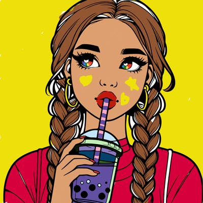 realistic girl with braided hair drinking boba