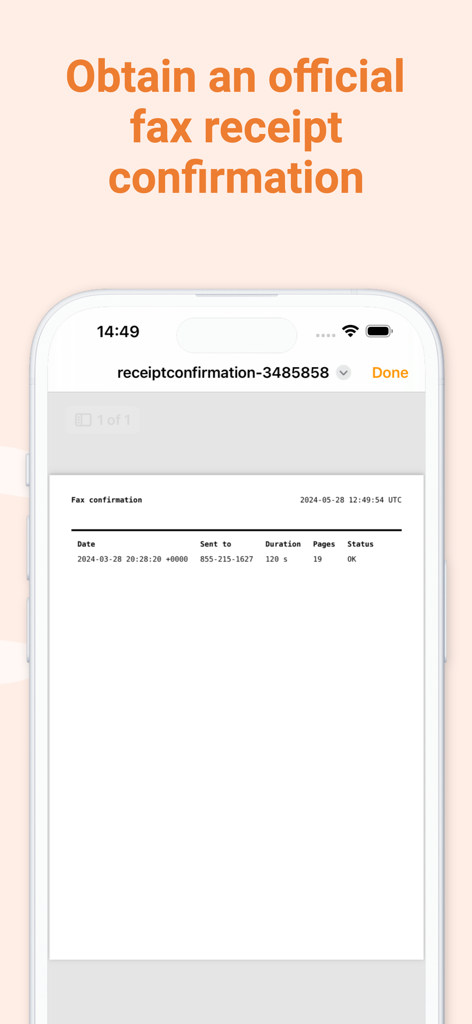 Official fax receipt confirmation screen on the Genius Fax mobile app