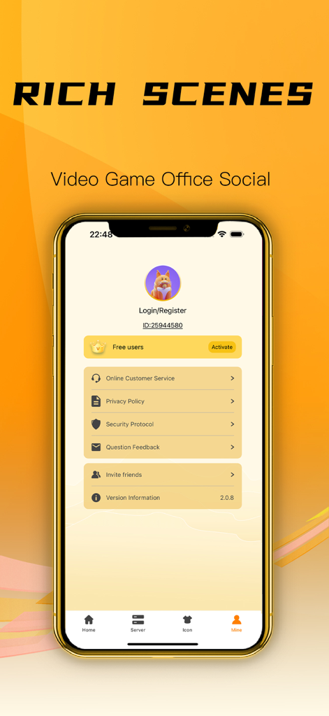 小牛加速器VPN-无限流量 保护隐私 高速网络 - XiaoNiu VPN app settings interface showing user profile and support options under the heading Rich Scenes