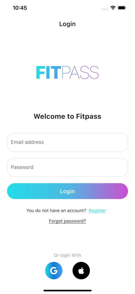 Pantalla de inicio de sesión de la app Fitpass DO con campos para correo electrónico y contraseña, además de opciones de inicio de sesión social para Google y Apple.