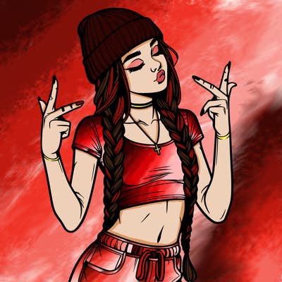 realistic teenage girl with braids and a beanie and crop top doing 🫶🏼