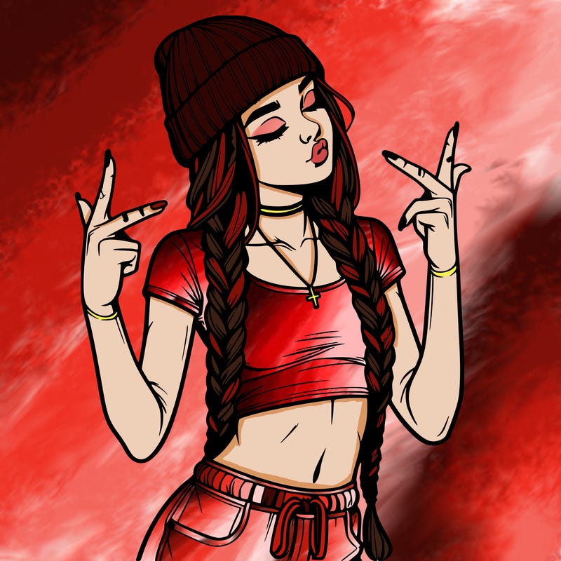 realistic teenage girl with braids and a beanie and crop top doing 🫶🏼