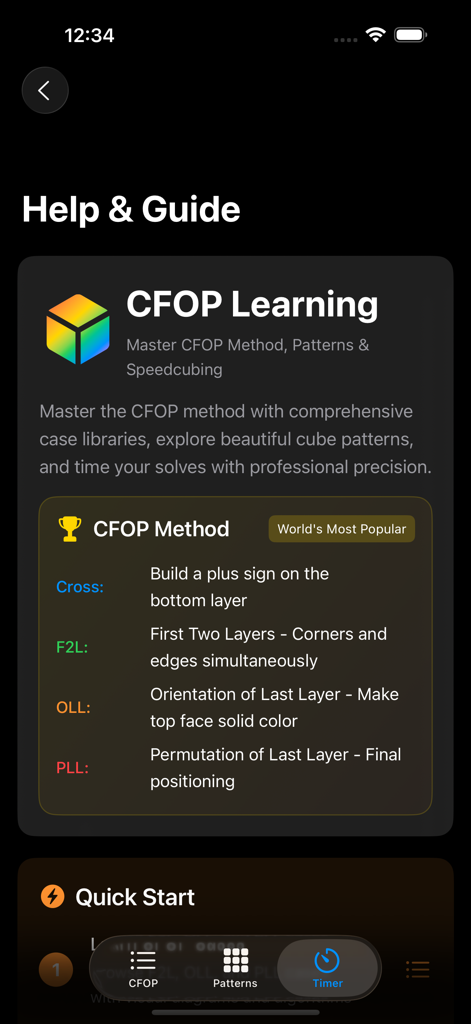 CFOP Learning - CFOP Learning app help guide explaining Cross, F2L, OLL, and PLL speedcubing steps.