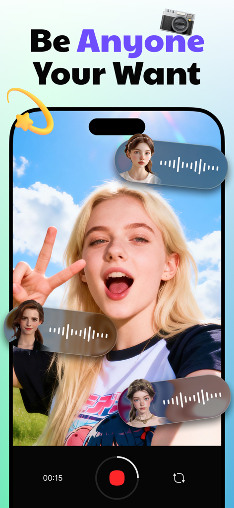 VoiceWave-Change Your Voice - A young woman recording a video with voice change character overlays in the VoiceWave app.