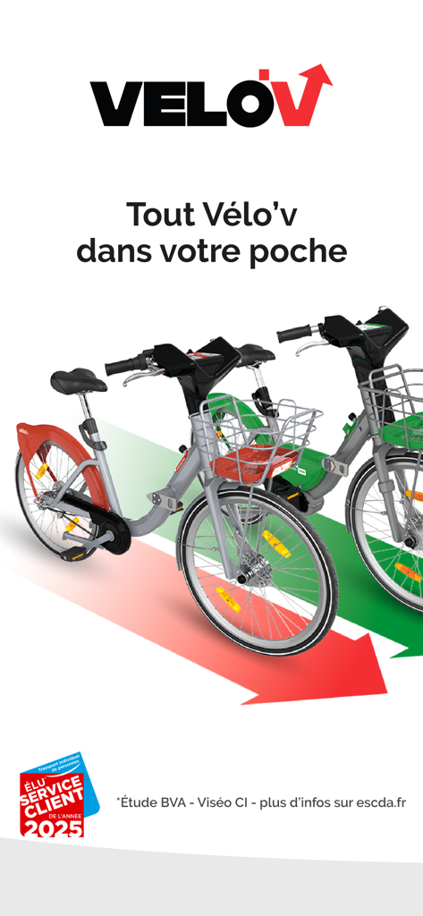 Vélo’v officiel - リヨンのVélo’v公式シェアサイクルアプリのウェルカム画面。レンタル自転車が表示されています。