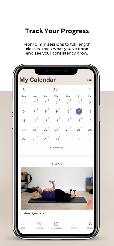 Trifecta Pilates - Interface of the Trifecta Pilates app showing a monthly workout calendar with tracked sessions and a video preview for arm exercises.