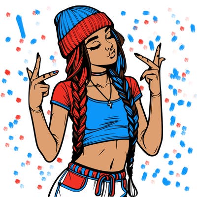 realistic teenage girl with braids and a beanie and crop top doing 🫶🏼