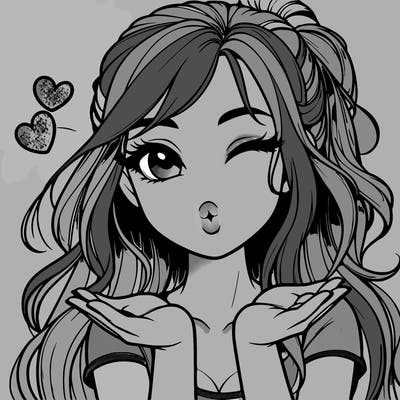 realistic girl winking and blowing a kiss while making heart hands