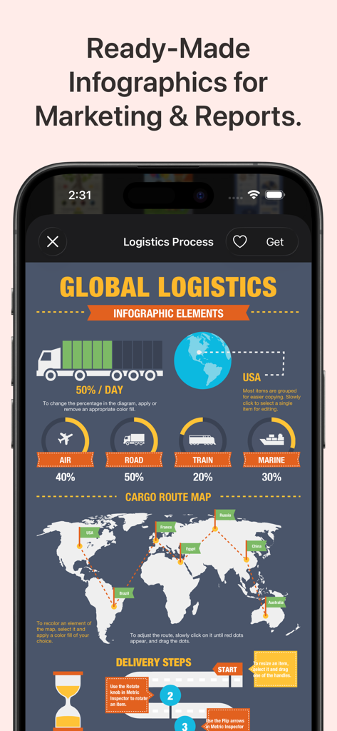 전문 보고서를 위한 운송 아이콘과 세계 지도를 보여주는 글로벌 물류 인포그래픽 템플릿