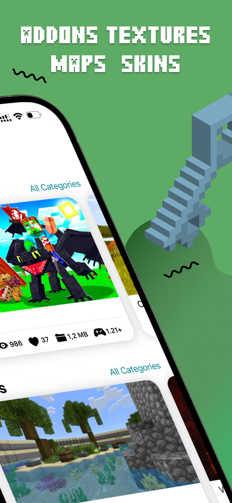 Mods, Maps Skins for Minecraft - Interface of the Minecraft modding app displaying addons textures maps and skins categories