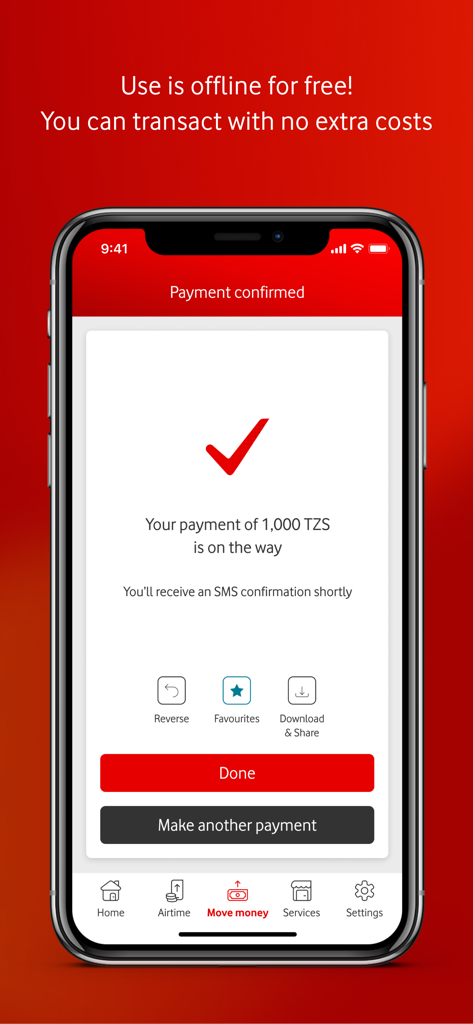 M-Pesa Tanzania app payment confirmation screen showing a successful 1,000 TZS transaction