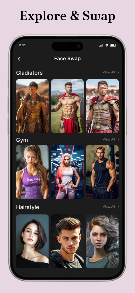 AI Face Swap: Photo Editor App - AI Face Swap app interface showing themed categories like Gladiators and Gym for photo face swapping.