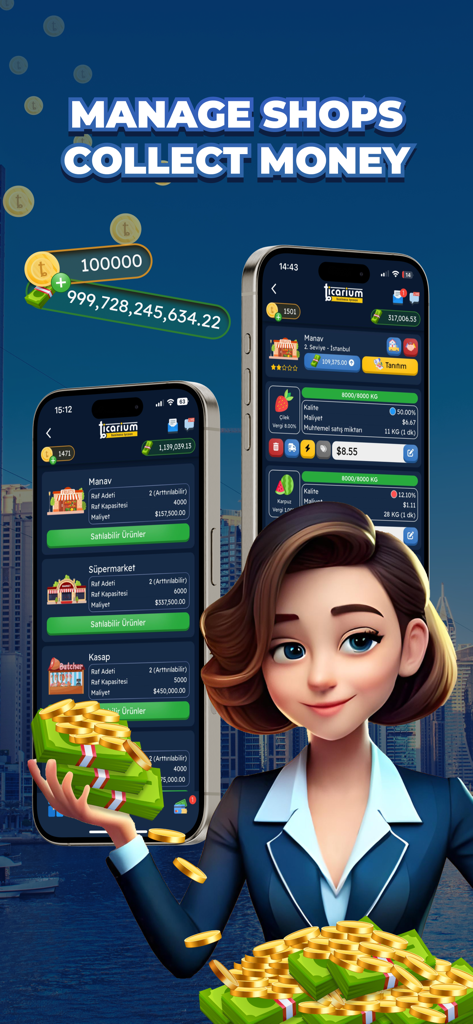 Ticarium: Tycoon & Strategy - Ticarium game screenshot showing shop management interface and a female CEO character with stacks of cash
