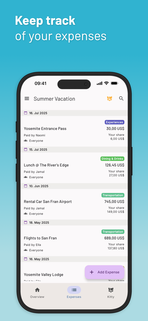 Kittysplit: Split Group Costs - Kittysplit app interface displaying a list of shared group travel expenses for a summer vacation