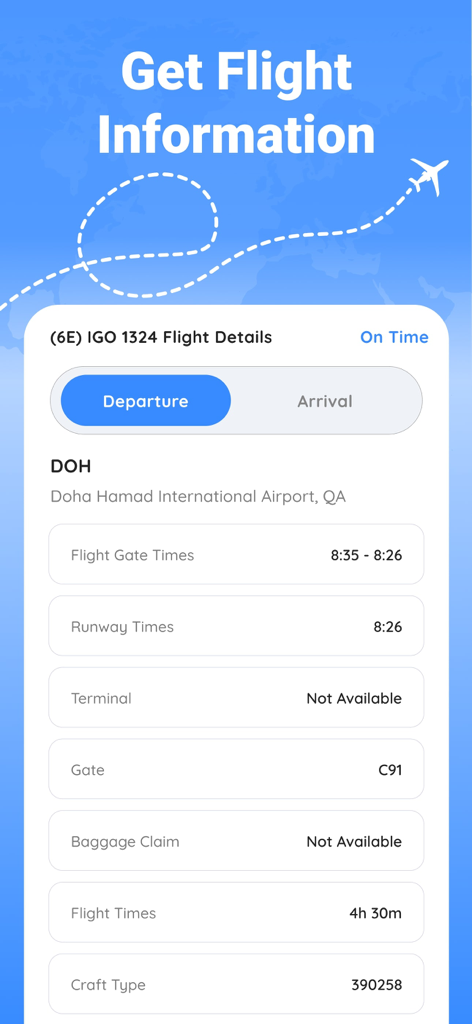 Track Flight : Find Flight - Schermata dell'app mobile che mostra lo stato del volo in tempo reale e i dettagli di partenza per l'aeroporto di Doha, inclusi gate e orari di decollo.