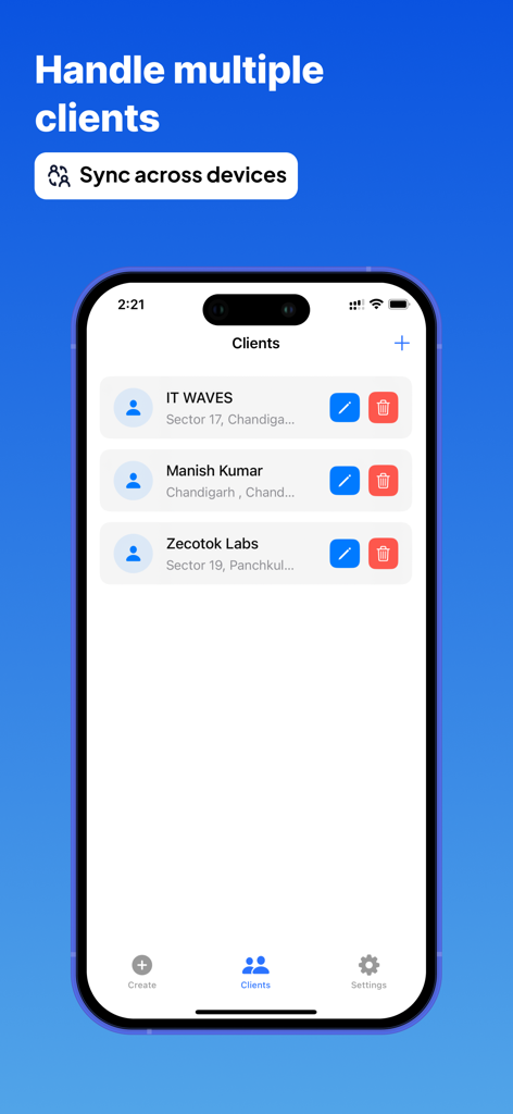Simple Invoice Bill Maker - Simple Invoice Bill Maker app screen showing a list of clients and a sync across devices feature for solopreneurs