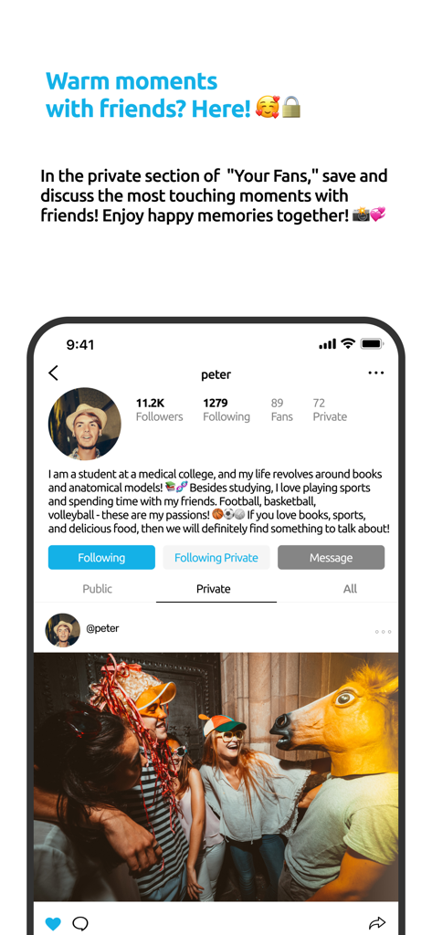 Screenshot of the Your Fans mobile app showing a user profile with a private feed of shared memories with friends