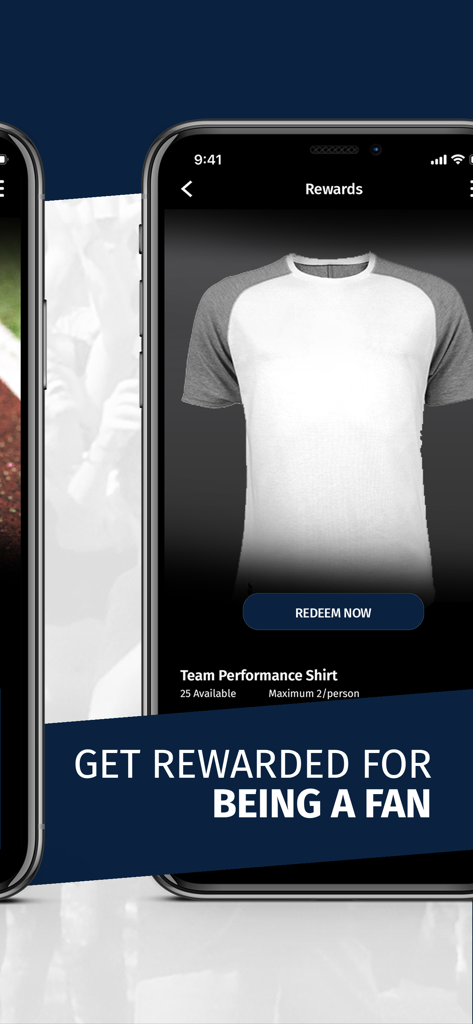 X-Pulse - X-Pulse app rewards page showing a team performance shirt available for redemption with a get rewarded for being a fan slogan.