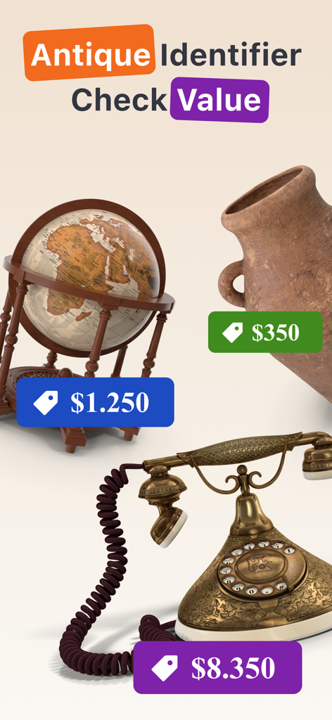 Antique Identifier - Antique Identifier app screen showing price tags and valuations for a vintage globe, a clay vase, and an ornate rotary telephone