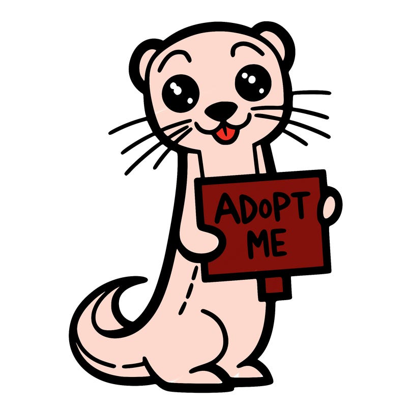 weasel with a sign saying “adopt me”