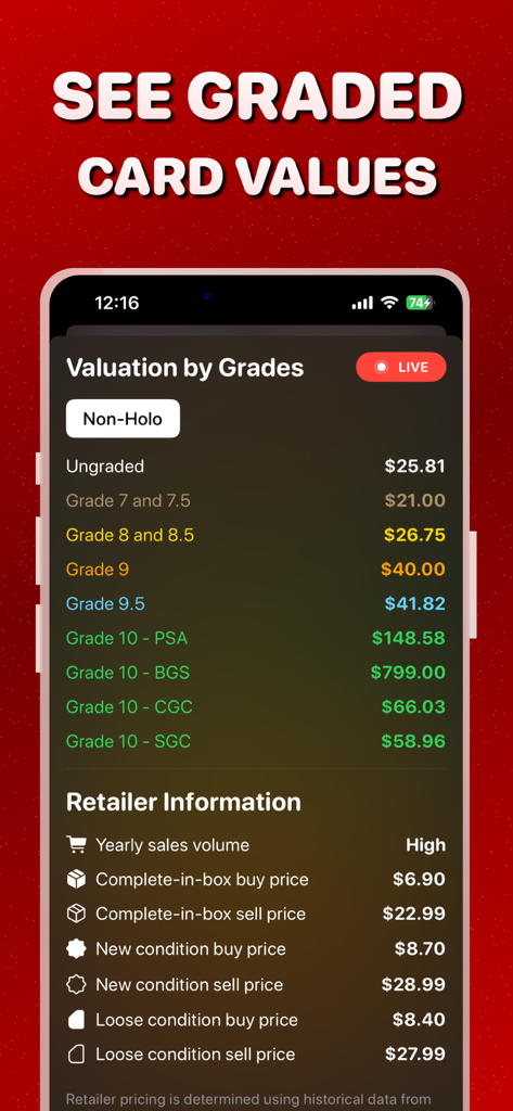 TCGScan: Card Value Scanner - La aplicación móvil TCGScan mostrando valoraciones de mercado para cartas coleccionables graduadas y precios de compra y venta de minoristas