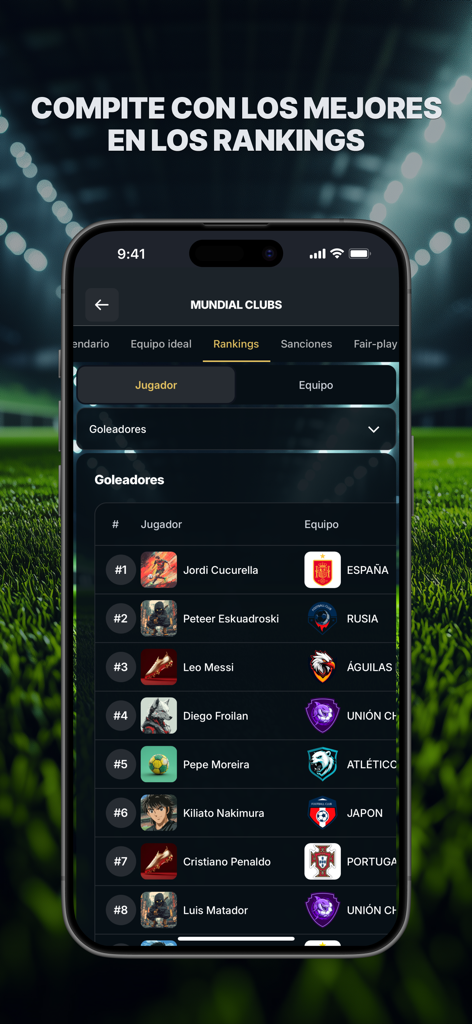 MyGol - Soccer Leagues - Smartphone screen showing soccer player rankings and top scorers list in the MyGol app.
