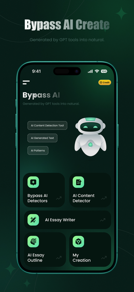 Undetect AI - Humanize AI Text - Undetect AI app main screen featuring AI bypass and essay writing tools.