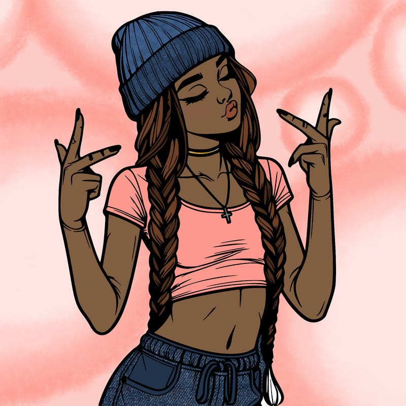 realistic teenage girl with braids and a beanie and crop top doing 🫶🏼