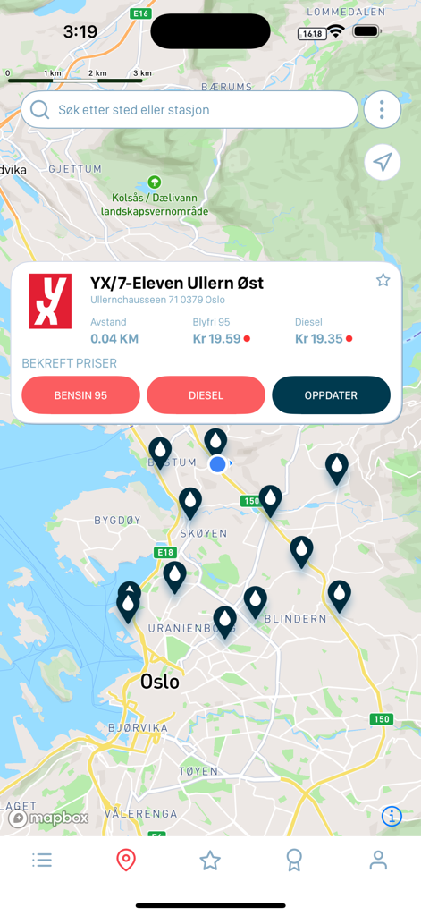 BensinPris - BensinPris app map view showing gas station locations and current fuel prices in Oslo