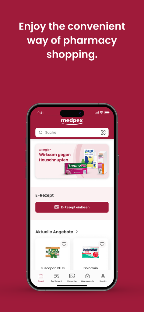 Pantalla de inicio de la app de farmacia medpex que muestra opciones de recetas electrónicas y ofertas actuales de productos médicos.