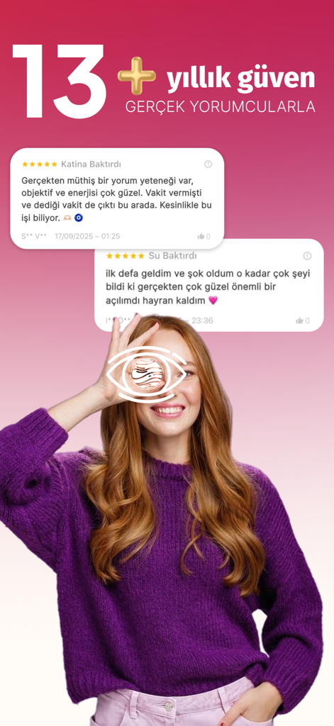 Fal Sepeti: Astroloji & Tarot - Smiling woman with a mystical eye symbol highlighting user reviews and 13 years of trust for the Fal Sepeti app