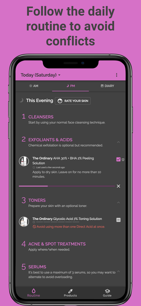 A mobile app interface showing a nightly skincare routine with product layering steps and ingredient conflict warnings.