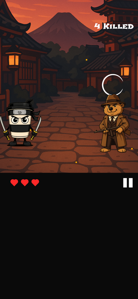 Cappuccino Assassino Game - Um personagem de xícara de café ninja enfrentando um inimigo urso em uma aldeia japonesa com um prompt de desenho de gestos