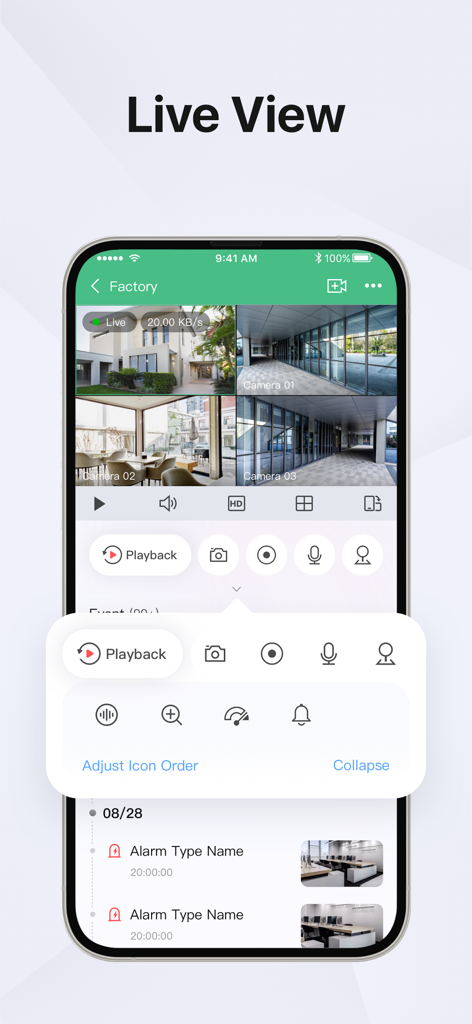 Live-Ansicht der Guarding Vision App mit vier Sicherheitskamera-Streams eines Fabrikgeländes.