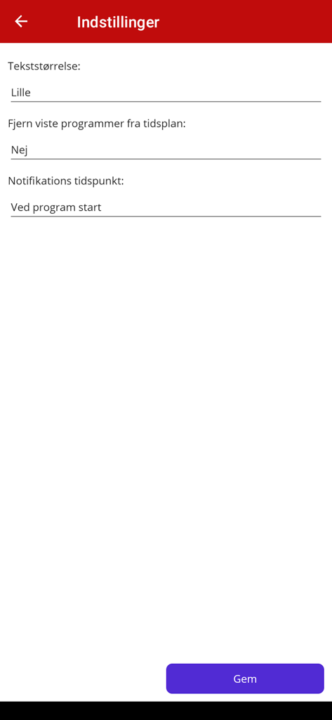 Settings screen of the Dansk TV Guide app showing options for text size and notifications in Danish