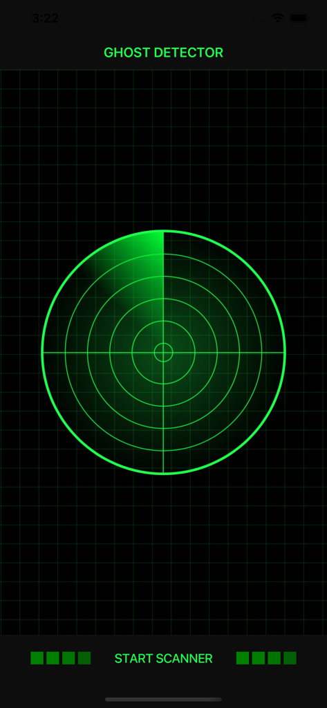 A green circular radar interface on a black grid background for a ghost detection simulator app