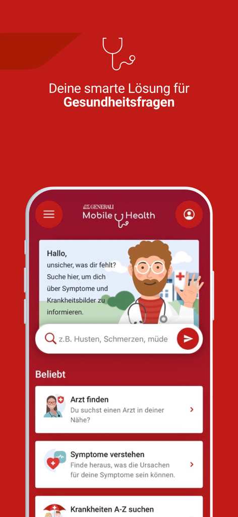 Generali Mobile Health - Pantalla de inicio de la aplicación Salud Móvil Generali con verificador de síntomas y opciones de búsqueda de médicos