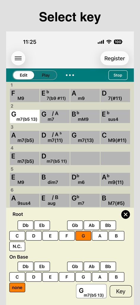 A screenshot of Piano Chords Master app showing a grid of complex music chords and a root note selection menu.