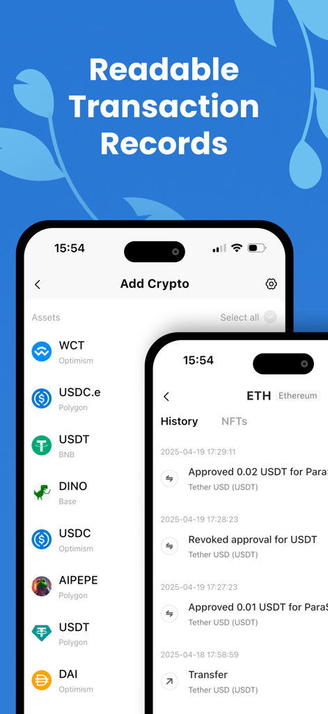 Pantallas de la aplicación móvil FxWallet que muestran un historial de transacciones legible y una lista de activos de criptomonedas multi-chain.