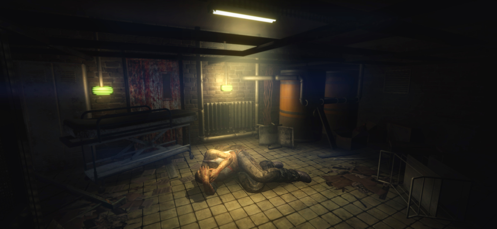 3 Days to Die – Horror Game - A dark and eerie basement scene from 3 Days to Die horror game featuring a character lying on the floor in a dimly lit industrial room.